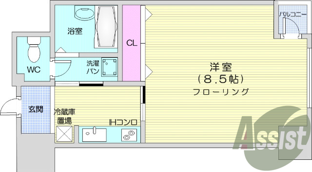 1K 西向き、バストイレ別、浴室乾燥機付き