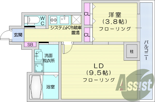 1LDK　南向き、浴室乾燥機、エアコン、光ファイバー