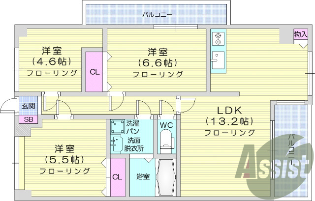 3LDK、全室カーテン付き、日当たり良好