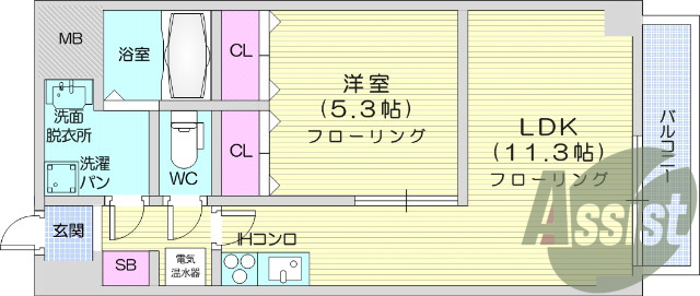 1LDK　オートロック、浴室乾燥機、エアコン