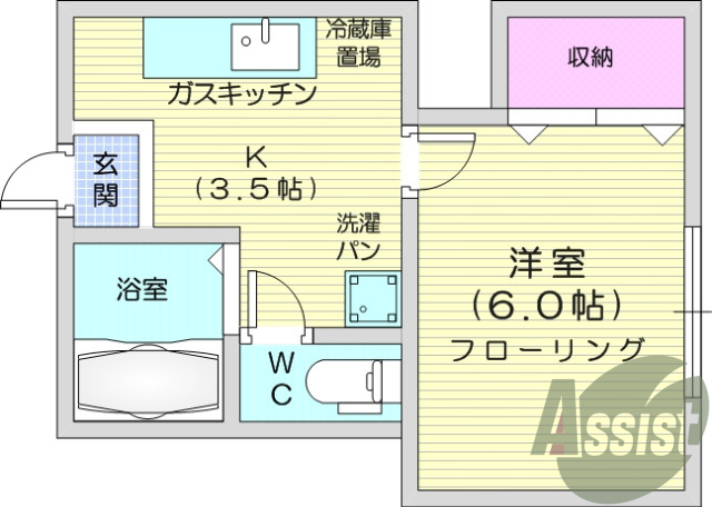 1K・バストイレ別、収納スペース、室内洗濯機置場