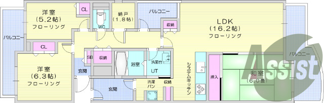 ３LDK+S、システムキッチン、バストイレ別、バルコニー