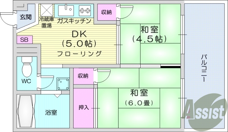 2DK、Ｂ・Ｔ別、ガスコンロ可、シューズボックス