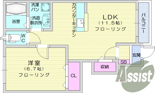 1LDK南向き、浴室乾燥機、追い焚き、独立洗面台がある物件。