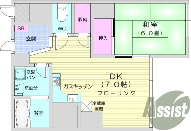 1DK、インターホン、エレベーター、B/T別、独立洗面。