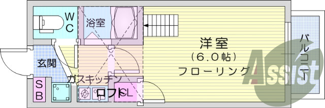 １Ｋ、バストイレ別、ＴＶインターホン、エアコン、ロフト