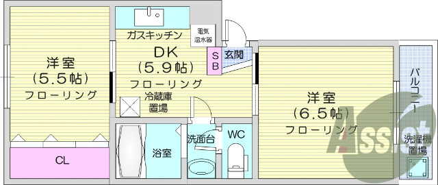 ２ＤＫ、都市ガス、エアコン、ペット可、駐車場。