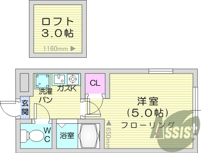 1Ｋ、ガスキッチン、バストイレ別、エアコン、ロフトつき