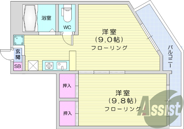 １LDK、シャワー、エアコン、トイレ、シューズボックス。
