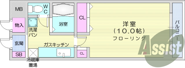 1Ｋ、バストイレ別、都市ガス、エアコン、収納スペース。