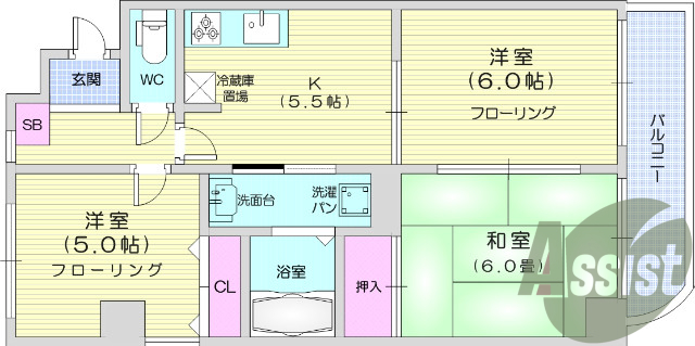 3K、システムキッチン、エアコン、独立洗面台
