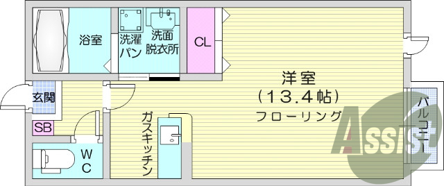 1R、室内洗濯機置場、独立洗面台、カウンターキッチン