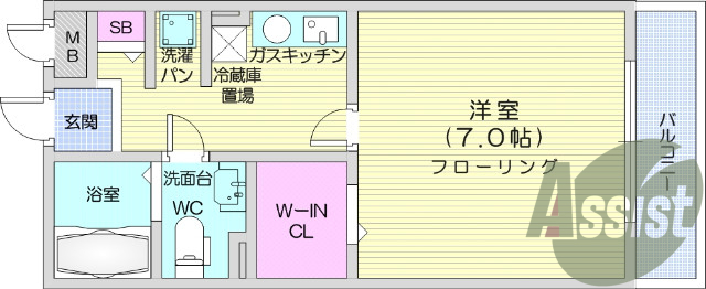 1K、南向き、オートロック、バストイレ別、BS端子