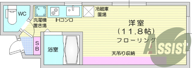 ワンルーム、IH付、モニターホン、天吊り収納、フローリング