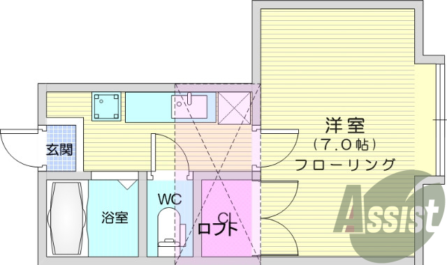 1K、エアコン、バストイレ別、ロフト、モニターインターホン