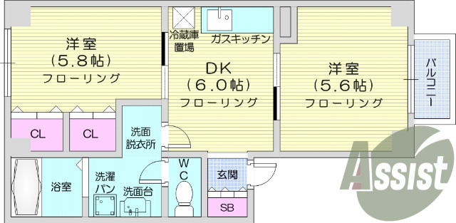 2DK、トランクルーム、追い焚き、バストイレ別、BS端子