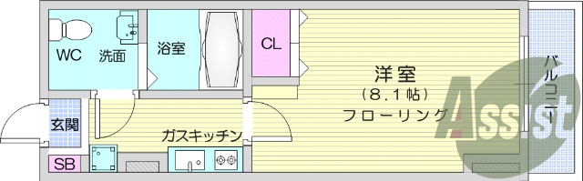 1K、エアコン、室内洗濯機置き場、トイレ浴室別、クローゼット