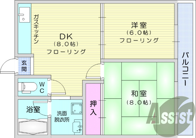 2DK、バス・トイレ別、独立洗面台、火災報知器、エアコン