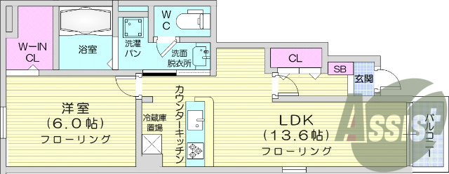 1LDK、カウンターキッチン、独立洗面台、バストイレ別