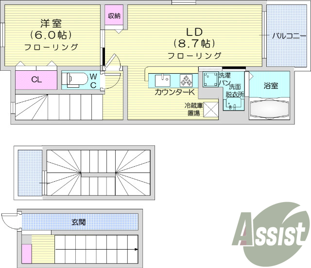 １LDK、角部屋、カウンターキッチン、浴室乾燥機