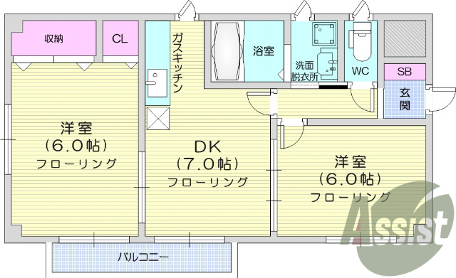 2DK、専用キッチン、バストイレ別、温水洗浄便座