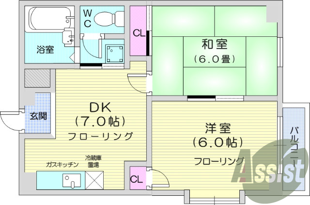 2DK、追い炊き機能付き浴室、バストイレ別