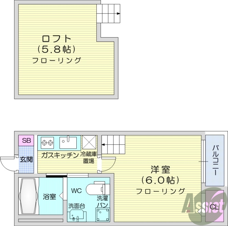 1K、エアコン、バストイレ別、ロフト、オートロック