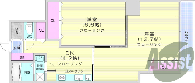 2DK、南向き、風呂トイレ別、独立洗面台
