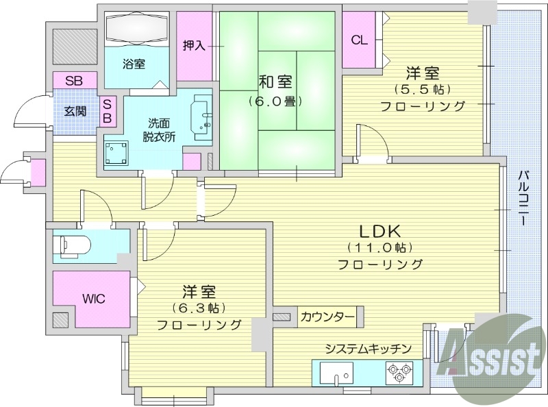 3LDK、都市ガス、システムキッチン、宅配BOX