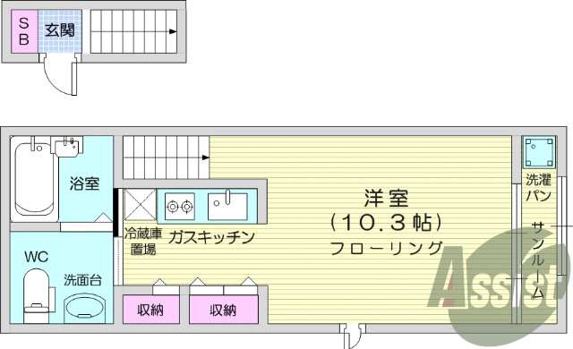 1K、西向き、システムキッチン、メゾネット