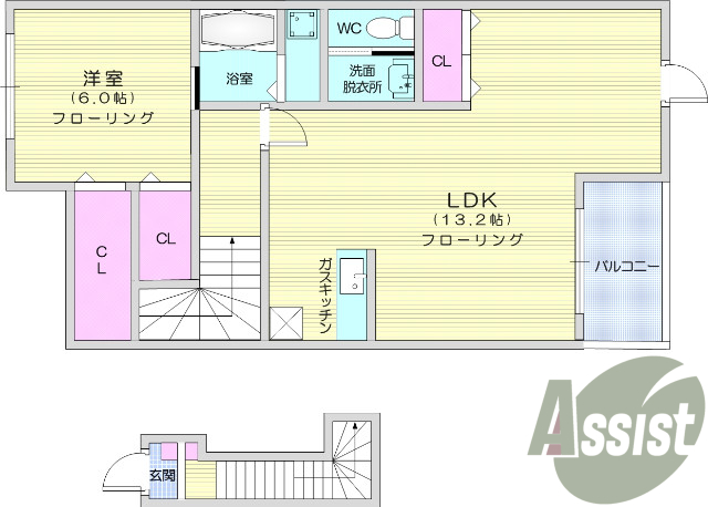 1LDK、エアコン、フローリング、バルコニー、ウォークイン
