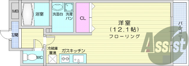洋室12.1帖、エアコン、音声インターホン、バス・トイレ別