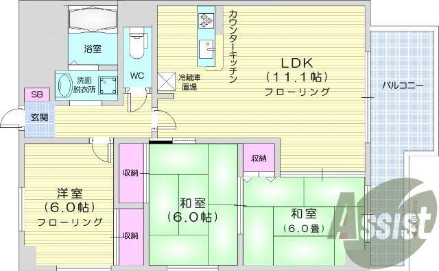 3LDK、角部屋、カウンターキッチン、オートロック