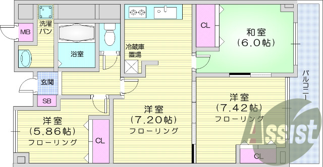 3LDK、エアコン、都市ガス、バス・トイレ別、