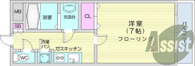 1K、エアコン、室内出窓有、バス・トイレ別、室内洗濯機置場