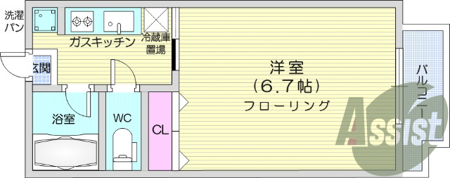 １K、バス・トイレ別、エアコン、バルコニー