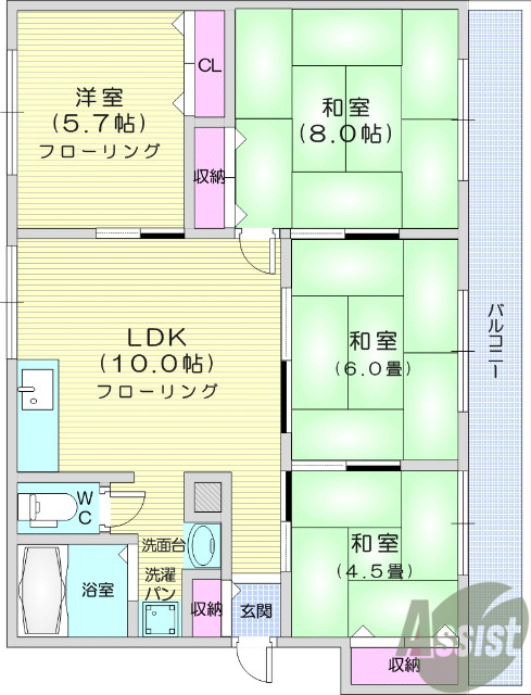 4LDK、エアコン、B、T別、角部屋、南向き