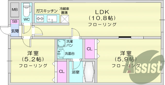 2DK、角部屋、エアコン、３口ガスコンロ、バス・トイレ別