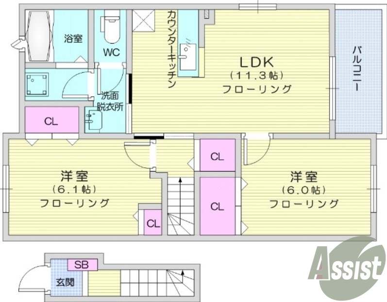 2LDK、カウンターキッチン、浴室乾燥機、バストイレ別