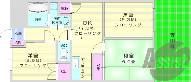 3ＤＫ、都市ガス、温水洗浄便座、専用庭、バストイレ別