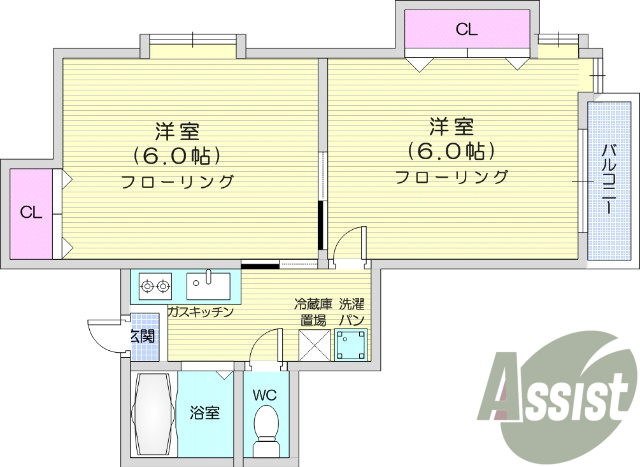 ２K、バス・トイレ別、角部屋、クローゼット