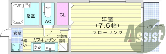 1K、バストイレ別、室内洗濯機置き場、エアコン