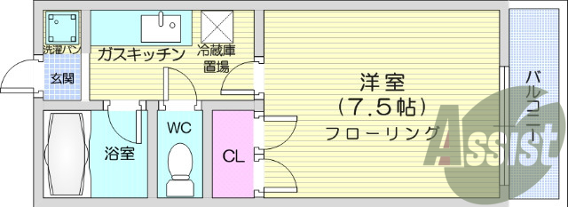 1K、バストイレ別、室内洗濯機置き場、エアコン