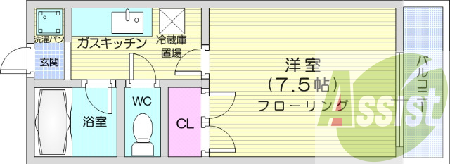 1K、バストイレ別、室内洗濯機置き場、エアコン