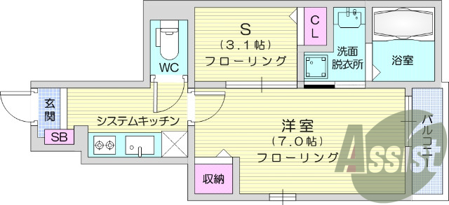 1K、インターネット使用料無料、システムキッチン、浴室乾燥機