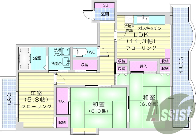 3LDK、角部屋、都市ガス、エアコン2台、ペット猫1匹OK