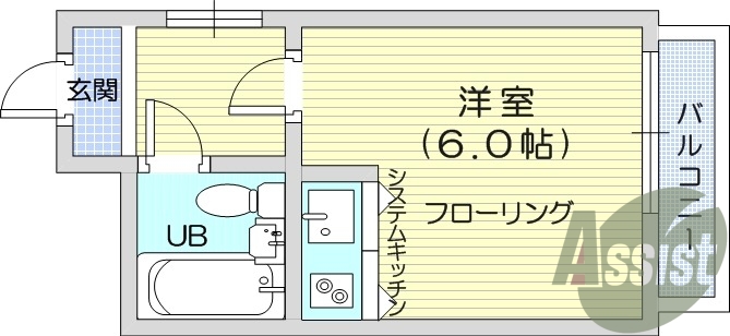 1ルーム・都市ガス・バルコニー・エアコン付き