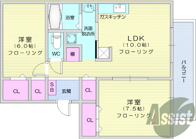 2LDK、フローリング、エアコン、バルコニー