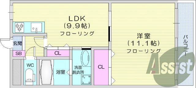 1LDK、バス・トイレ別、脱衣所、バルコニー、宅配ボックス