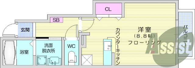 1LDK、浴室乾燥機、バストイレ別、カウンターキッチン